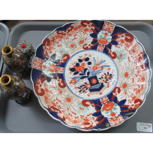 403 - Japanese porcelain Imari dish or charger, together with a pair of cloisonne vases on wooden bases an... 