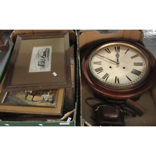 413 - Box of assorted framed prints, portraits etc. Together with a 19th Century two train wall clock and ... 