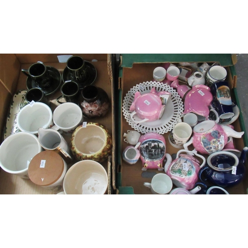 414 - Two boxes of assorted china to include; continental pink souvenir ware, eggcups, art pottery coffee ... 