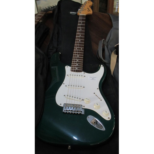 417 - Squire Strat by Fender 6 string electric guitar, 20th Anniversary, in green and white, with canvas s... 