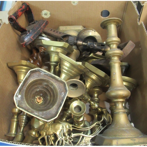 420 - Box of mainly brassware to include; various candlesticks, blowtorch, flat iron etc. 
(B.P. 21% + VAT... 