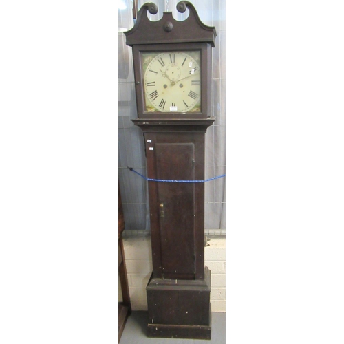 429 - Early 19th Century Welsh cottage oak longcase clock with Arabic face and two train movement. Two wei... 