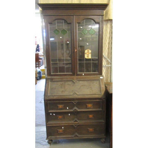 433 - Early 20th Century oak two stage stained and leaded glass cabinet back bureau bookcase. 
(B.P. 21% +... 