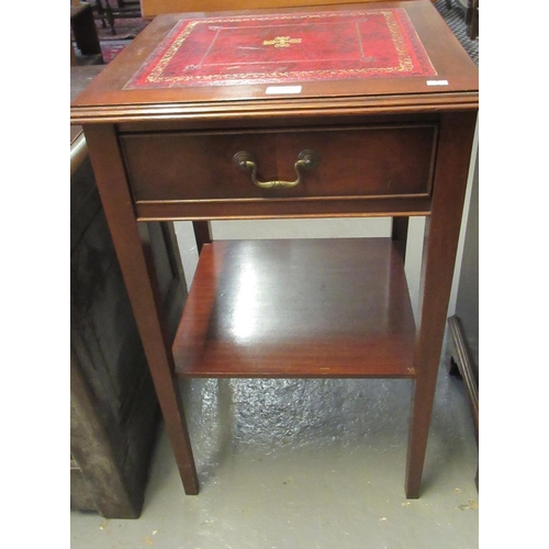 435 - Reproduction mahogany leather top single drawer lamp table with under tier on square tapering legs. ... 