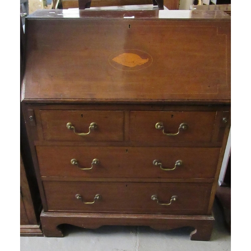 439 - Edwardian mahogany inlaid fall front bureau, having a bank of two short and two long drawers on proj... 