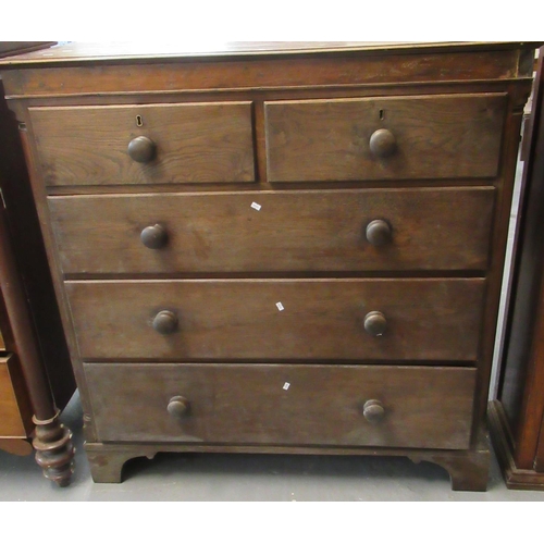 442 - 19th Century oak straight front chest of two short and three long drawers, having turned handles on ... 