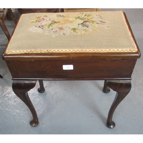 451 - Early 20th Century mahogany piano stool on cabriole legs, the hinged lid revealing a tray of compart... 