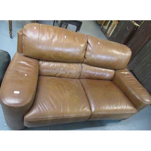 458 - Tan leather modern upholstered two seater sofa. 
(B.P. 21% + VAT)