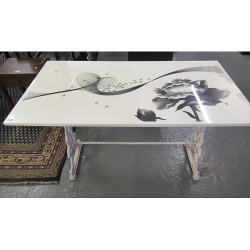 486 - Victorian painted cast iron table base, with associate top with printed decoration of flowers and ab... 