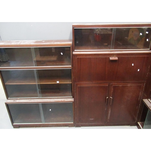 496 - Mid Century Minty mahogany three sectional bookcase with glass sliding doors, together with another ... 