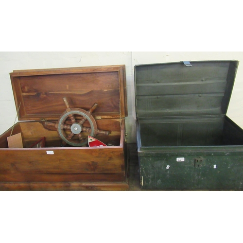 505 - Modern hardwood two handled box or trunk, the interior revealing assorted naval items to include; fr... 