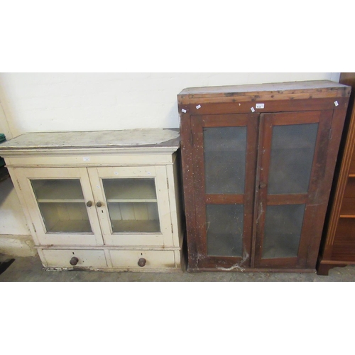 510 - Victorian painted probably pine two door glazed kitchen wall cabinet with two drawers and fitted she... 