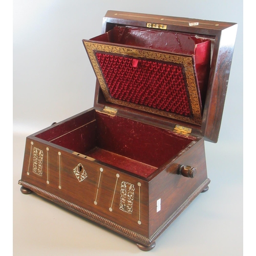 68 - 19th Century rosewood and mother of pearl inlaid sarcophagus shaped writing or work box on pad feet.... 