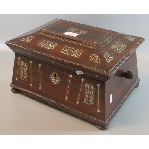 68 - 19th Century rosewood and mother of pearl inlaid sarcophagus shaped writing or work box on pad feet.... 