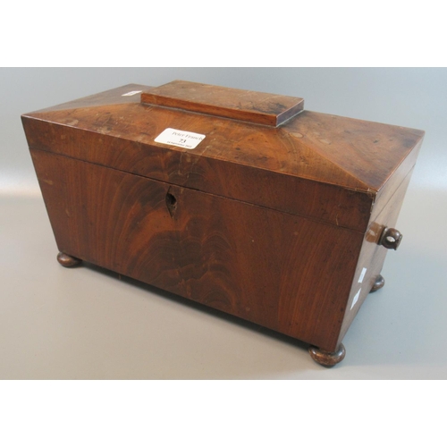 73 - 19th Century mahogany sarcophagus shaped tea caddy on pad feet. 
(B.P. 21% + VAT)