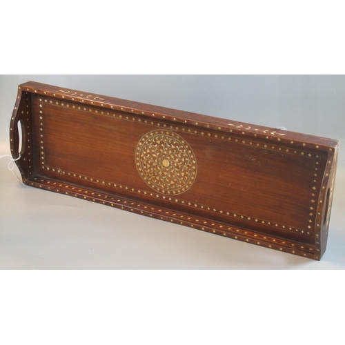 79 - Middle Eastern design probably Indian two handled inlaid hardwood tray.
(B.P. 21% + VAT)