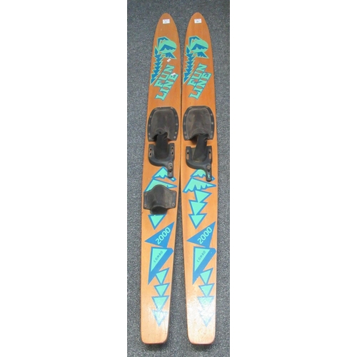 80 - Pair of vintage Fun Line Combo 2000 wooden water skis, together with a pair of vintage Crest Marine ... 