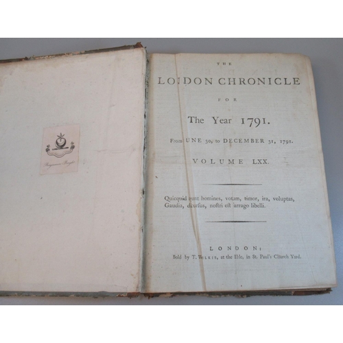 84 - 'The London Chronicle' for the year 1791, Volume LXX, leather bound spine. 
(B.P. 21% + VAT)