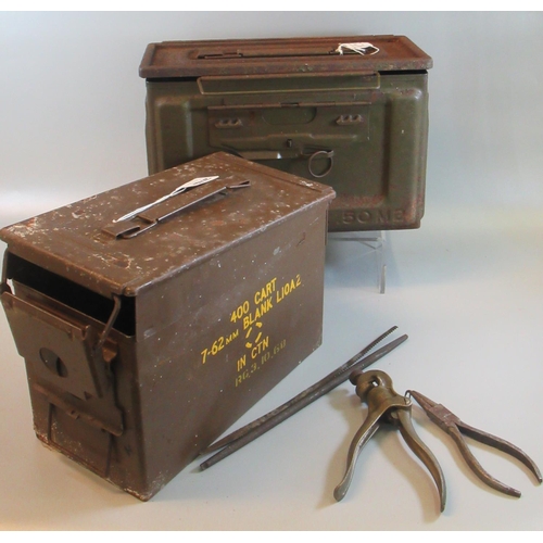 88 - Two military ammunition boxes or cans, one revealing assorted tools; pliers etc.
(B.P. 21% + VAT)