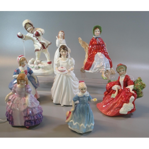 107 - Seven Royal Doulton bone china figurines, all in original boxes, to include: 'Joy', 'Valerie', 'Sall... 