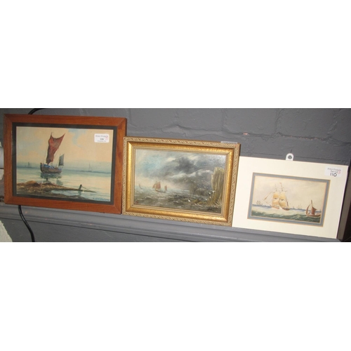 110 - Three small marine paintings to include; R Von Costeppe, moored fishing boat, signed, watercolours (... 