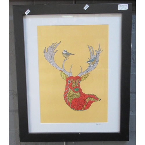 112 - After P.A Robbins, stag's head with other animals and birds, coloured print, signed to the mount in ... 