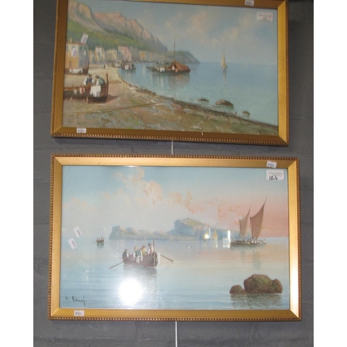 126 - Gianni (Italian school), fishing boats and coastal town, a pair, signed, watercolours. 31 x 49cm app... 