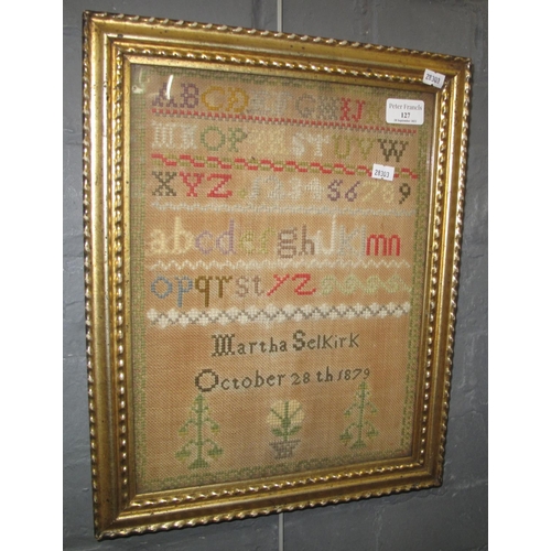 127 - 19th Century tapestry sampler by Martha Selkirk dated October 1879. 35 x 26cm approx. Framed. 
(B.P.... 