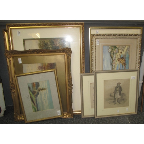 129 - A group of assorted watercolours and sketches, various to include: landscapes, portrait etc. Framed.... 