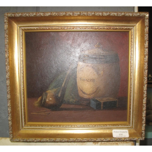 131 - British school (early 20th Century), still life study of pipe and tobacco jar, oils on board. 21 x 2... 