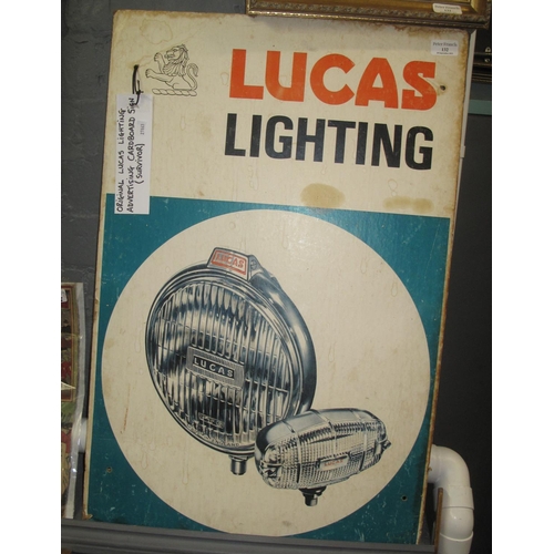 132 - A vintage garage cardboard sign advertising Lucas Lighting. 76 x 50cm approx.
(B.P. 21% + VAT)