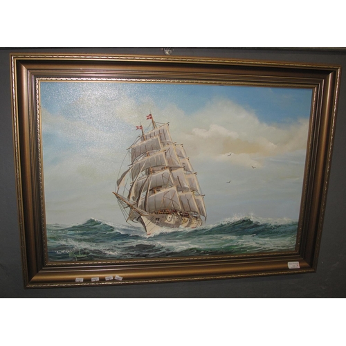 133 - W.H.S Jackman, modern furnishing oil of a ship in choppy sea, gilt frame. 
(B.P. 21% + VAT)