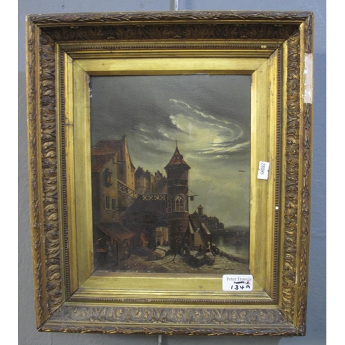 134A - 19th century Continental school, quayside buildings in the moonlight with figures, oils on panel.  2... 