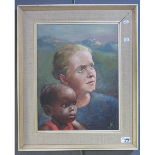 134B - Monogram 'C A', portrait study, signed and dated 1961, oils on canvas, framed.  46x35cm approx.   (B... 