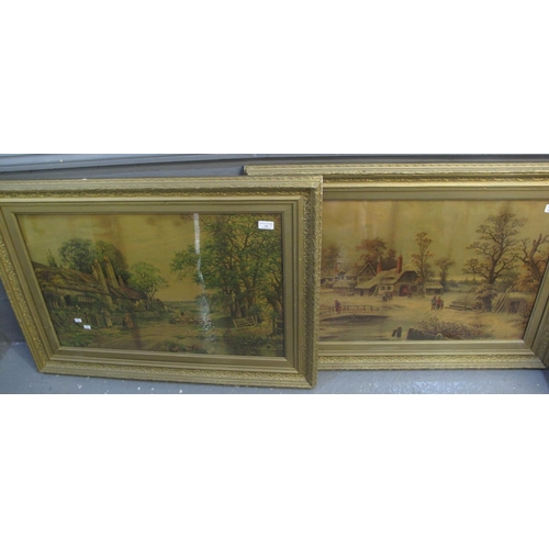 146 - Two large framed oleographs, country scenes with figures and cottages.  47x72cm approx.. Framed and ... 