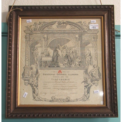 153 - Two Welsh London Eisteddfod certificates from 1928.  38x35cm approx.  Framed and glazed.  (2)   (B.P... 