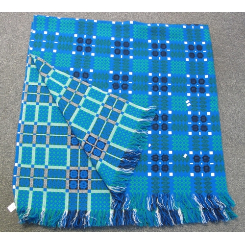 160 - Vintage Welsh woollen tapestry blue ground blanket with fringed edges and 'Made in Wales, a Derw pro... 