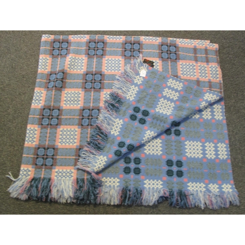 161 - Vintage Welsh woollen tapestry pale blue ground blanket with fringed edges and 'Made in Wales, a Der...