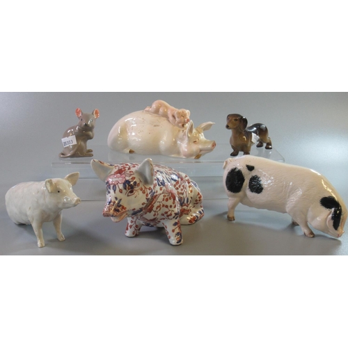 167 - Collection of china and pottery animals, to include: Royal Doulton and Beswick pigs, Japanese seated... 