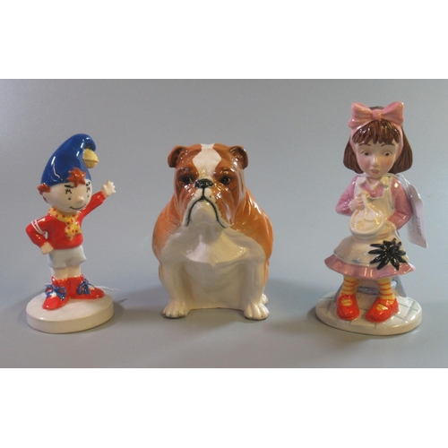 180 - Three Royal Doulton bone china figurines to include: bulldog, 'Little Miss Muffit' and 'Noddy', all ... 