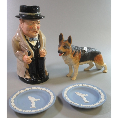 183 - Collection of ceramics, to include: Aynsley Alsatian porcelain figurine, Royal Doulton character jug... 