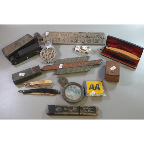 200 - Box of assorted items, to include: British Railways cast metal sign, two vintage AA badges, Fordson ... 