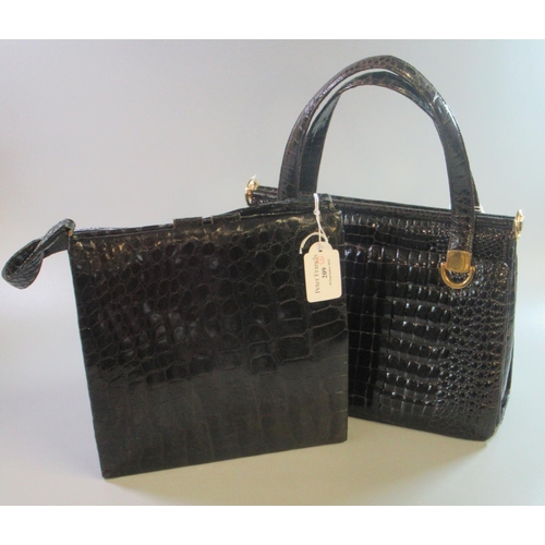 209 - Two vintage black ladies crocodile or alligator handbags, one marked 'Waldybag' and suede lined. (2)... 