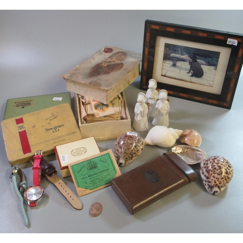 215 - Box of oddments, to include: photograph frame, various sea shells, tin cigar boxes, silk cards, dres... 