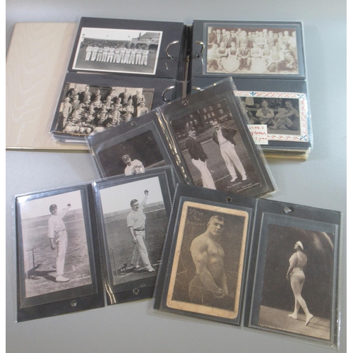 218 - Album of black and white original sporting postcards, to include: tennis Lampeter College, Wimbledon... 