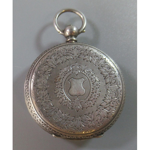 248 - Small silver pocket watch with foliate engraved case, and Roman numerals, engraved to the back plate... 