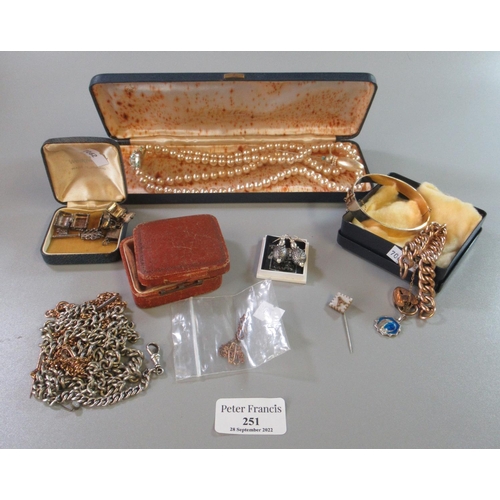 251 - Collection of assorted costume jewellery, gold plated bangle, gold plated chain and other chains, si... 