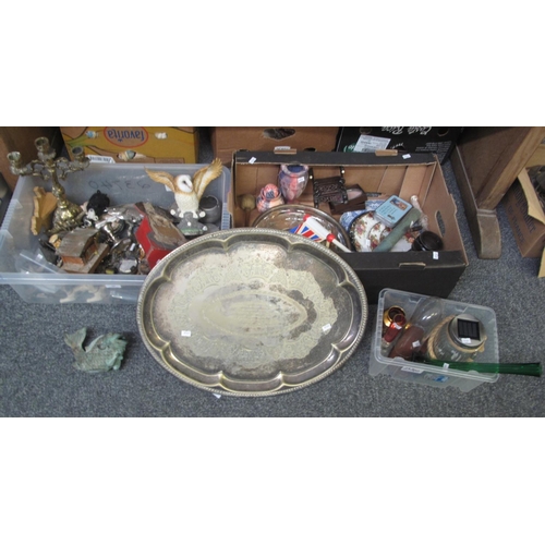 305 - Two boxes of assorted items to include; a verdigris  metal fish ornament, a silver plate presentatio... 