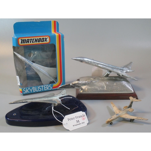 31 - Aviation interest, to include: an English Miniatures Fine Art sculpture in English pewter of Concord... 