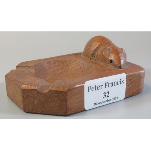32 - Robert Thompson 'Mouseman', carved and moulded oak ash tray with mouse figure.  10cm across approx. ... 